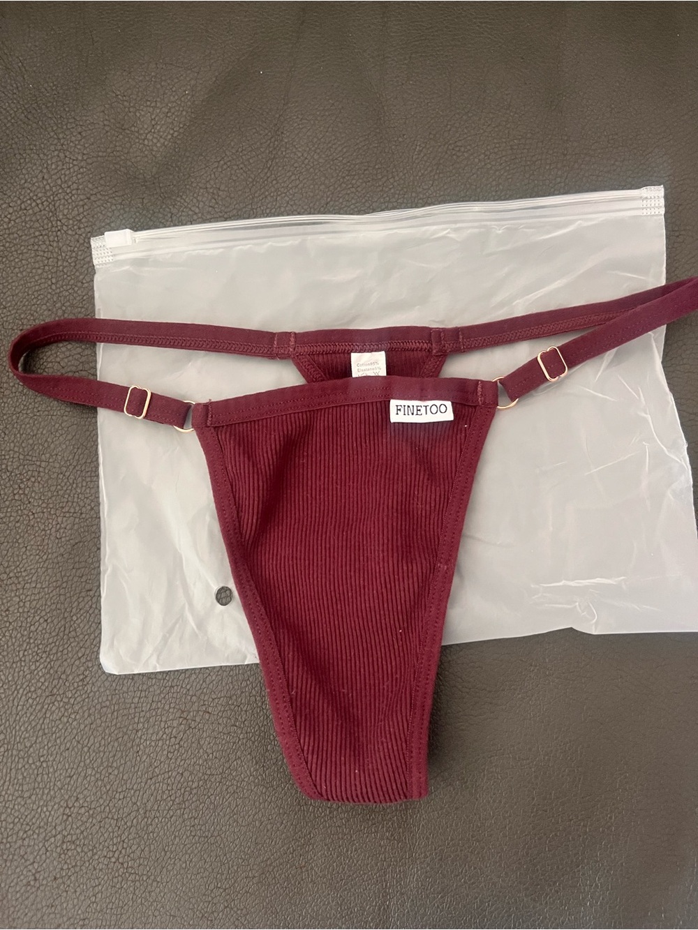 new FINETOO Ribbed Maroon Thong Bikini Bottom
